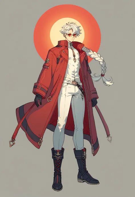 ((concept art )),human male  ,clear skin , round red sun glasses , white hair style ,long braided ,zip red coat  , black gloves ...