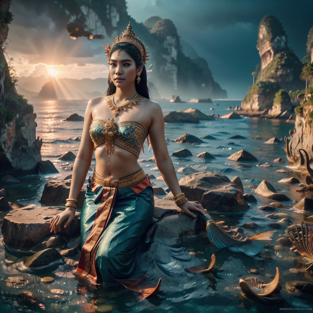 a traditional thai female mermaid, fish tail, swimming in the sea, wearing thai ancient traditional cloth, half body visible above ocean, no headdress, limestone rock, coral, view from sea floor, beautiful detailed eyes, beautiful detailed lips, long eyelashes, extremely detailed anatomy, hyper realistic, masterpiece, 8k, high quality, volumetric lighting, photorealistic, cinematic lighting, dramatic lighting, vibrant colors, intricate details