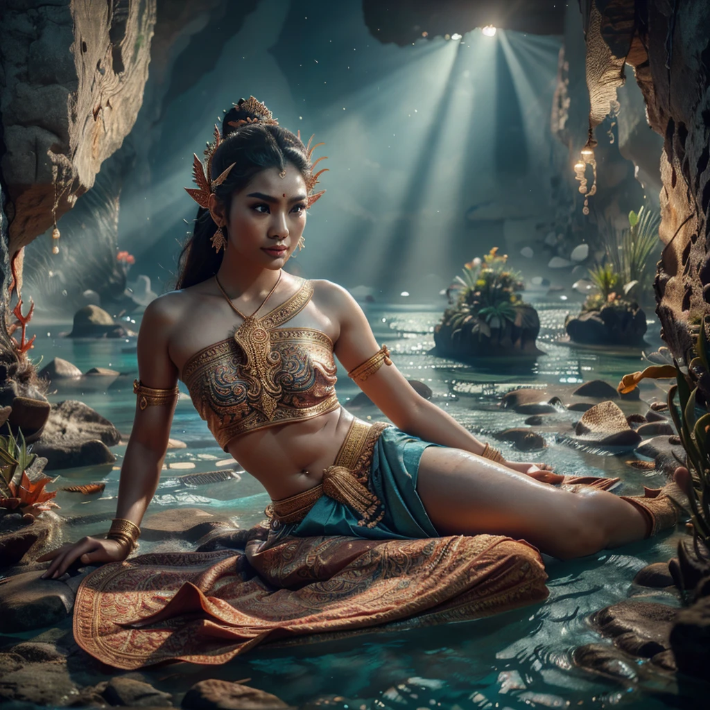 a traditional thai female mermaid, fish tail, swimming in the sea, wearing thai ancient traditional cloth, half body visible above ocean, no headdress, limestone rock, coral, view from sea floor, beautiful detailed eyes, beautiful detailed lips, long eyelashes, extremely detailed anatomy, hyper realistic, masterpiece, 8k, high quality, volumetric lighting, photorealistic, cinematic lighting, dramatic lighting, vibrant colors, intricate details