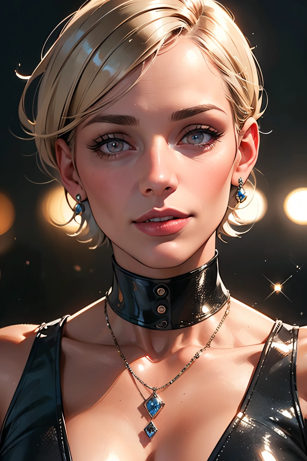 (close-up portrait of woman's face:1.4),((ultra realistic illustration:1.2)),Athletic blonde woman, (short hair), tomboy, cute, ((playful smile)), Red lipstick,necklace, black evening dress, belt, high heels.Masterpiece, best quality,(highly detailed:1.2),(detailed face and eyes:1.2), 8k wallpaper, depth of field, natural lighting. core shadows, high contrast, bokeh.