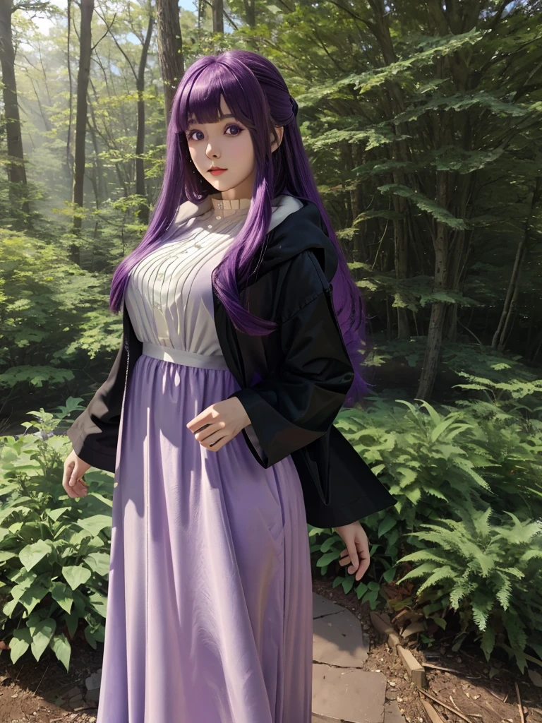 masterpiece, best quality, realistic, cosplayer, Korean girl, highres, aafern, long hair, purple hair, blunt bangs, purple eyes, small breasts, long dress, white dress, black robe, long sleeves, standing, forest, cowboy shot