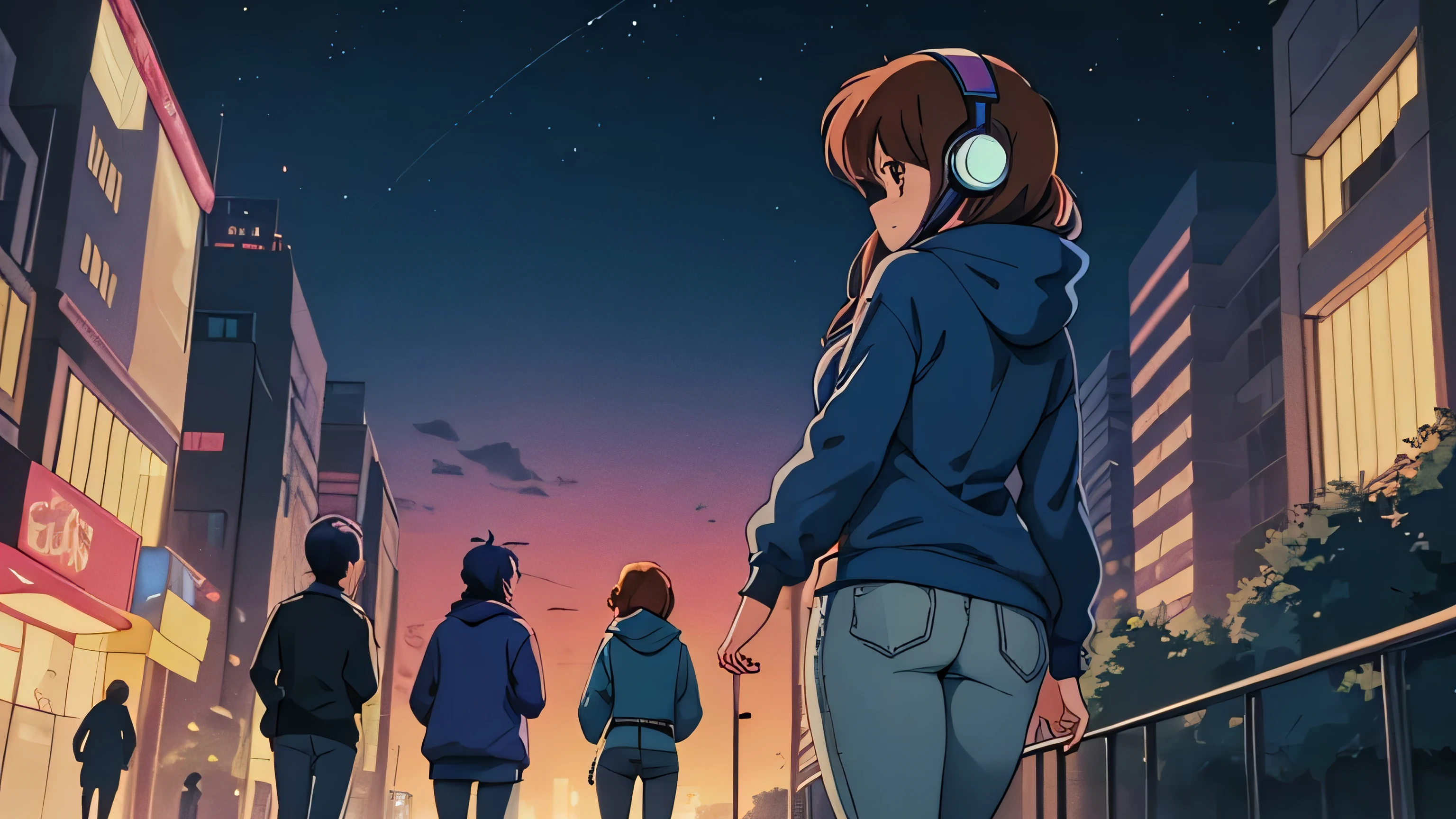 (90s Anime),(City Pop),(Ghibli),(Very detailed,masterpiece,Highest quality,High resolution,Perfect Eyes,Perfect hands,Very detailed eyes,Perfect Fingers),(girl wearing a blue hoodie, Blue pants, walking alone in the park at night with headphones on.), (Expressionless girl),(A girl wouldn't look like this),(profile)
