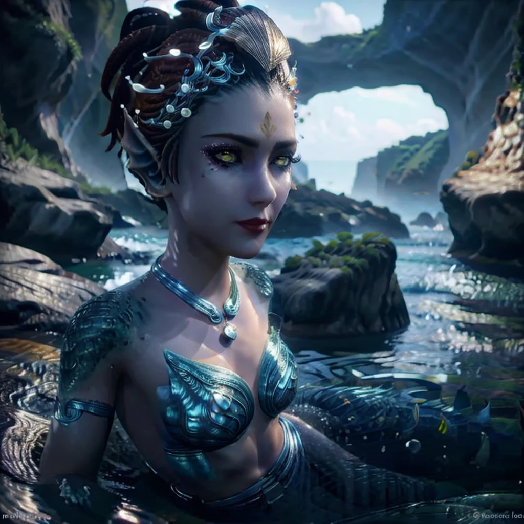 a female mermaid, upper body is human, lower body is green fish tail, swimming in the sea, wearing thai ancient traditional cloth, half body visible above ocean, no headdress, limestone rock, coral, view from sea floor, beautiful detailed eyes, beautiful detailed lips, long eyelashes, extremely detailed anatomy, hyper realistic, masterpiece, 8k, high quality, volumetric lighting, photorealistic, cinematic lighting, dramatic lighting, vibrant colors, intricate details