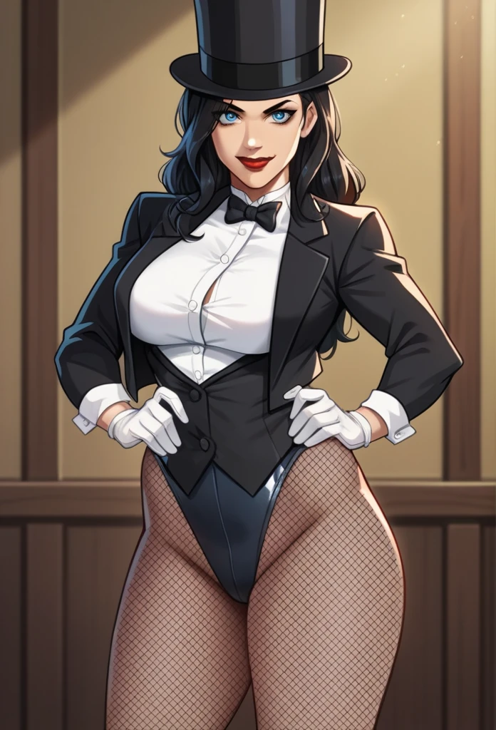 PonyXLV6_Scores ,source_anime, masterpiece,best quality, highly detailed,cinematic,unity 8k wallpaper, amazing quality, masterpiece, best quality, hyper detailed, ultra detailed, UHD, perfect anatomy,
BREAK
 zatanna,1girl, pantyhose, solo, black hair, hat, gloves, bowtie, bow, fishnets, top hat, breasts, blue eyes, fishnet pantyhose, white gloves, long hair, shirt, looking at viewer, black headwear, white shirt, black bow, leotard, smile, large breasts, black bowtie, makeup, jacket, black jacket, red lips, cowboy shot, lipstick,room