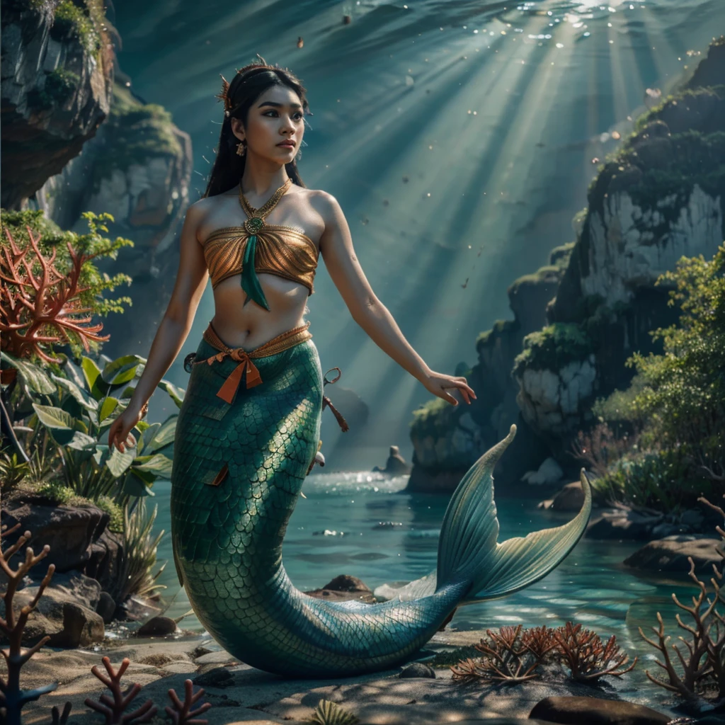 a Thai female mermaid, black hair, upper body is human, lower body is green fish tail, swimming in the sea, wearing thai ancient traditional cloth, half body visible above ocean, no headdress, limestone rock, coral, view from sea floor, beautiful detailed eyes, beautiful detailed lips, long eyelashes, extremely detailed anatomy, hyper realistic, masterpiece, 8k, high quality, volumetric lighting, photorealistic, cinematic lighting, dramatic lighting, vibrant colors, intricate details