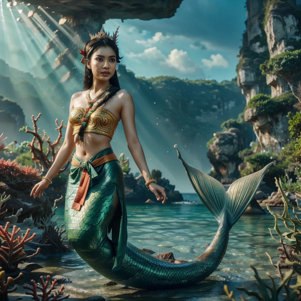 a Thai female mermaid, black hair, upper body is human, lower body is green fish tail, swimming in the sea, wearing thai ancient traditional cloth, half body visible above ocean, no headdress, limestone rock, coral, view from sea floor, beautiful detailed eyes, beautiful detailed lips, long eyelashes, extremely detailed anatomy, hyper realistic, masterpiece, 8k, high quality, volumetric lighting, photorealistic, cinematic lighting, dramatic lighting, vibrant colors, intricate details