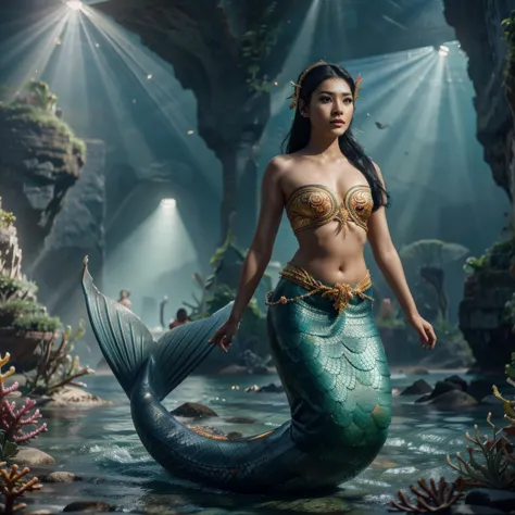 a Thai female mermaid, black hair, upper body is human, lower body is green fish tail, swimming in the sea, wearing thai ancient...