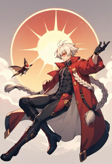 blazblue ,human male  , black clothing , round red sun glasses , white hair style ,long braided ,zip red coat  , black gloves  ,...