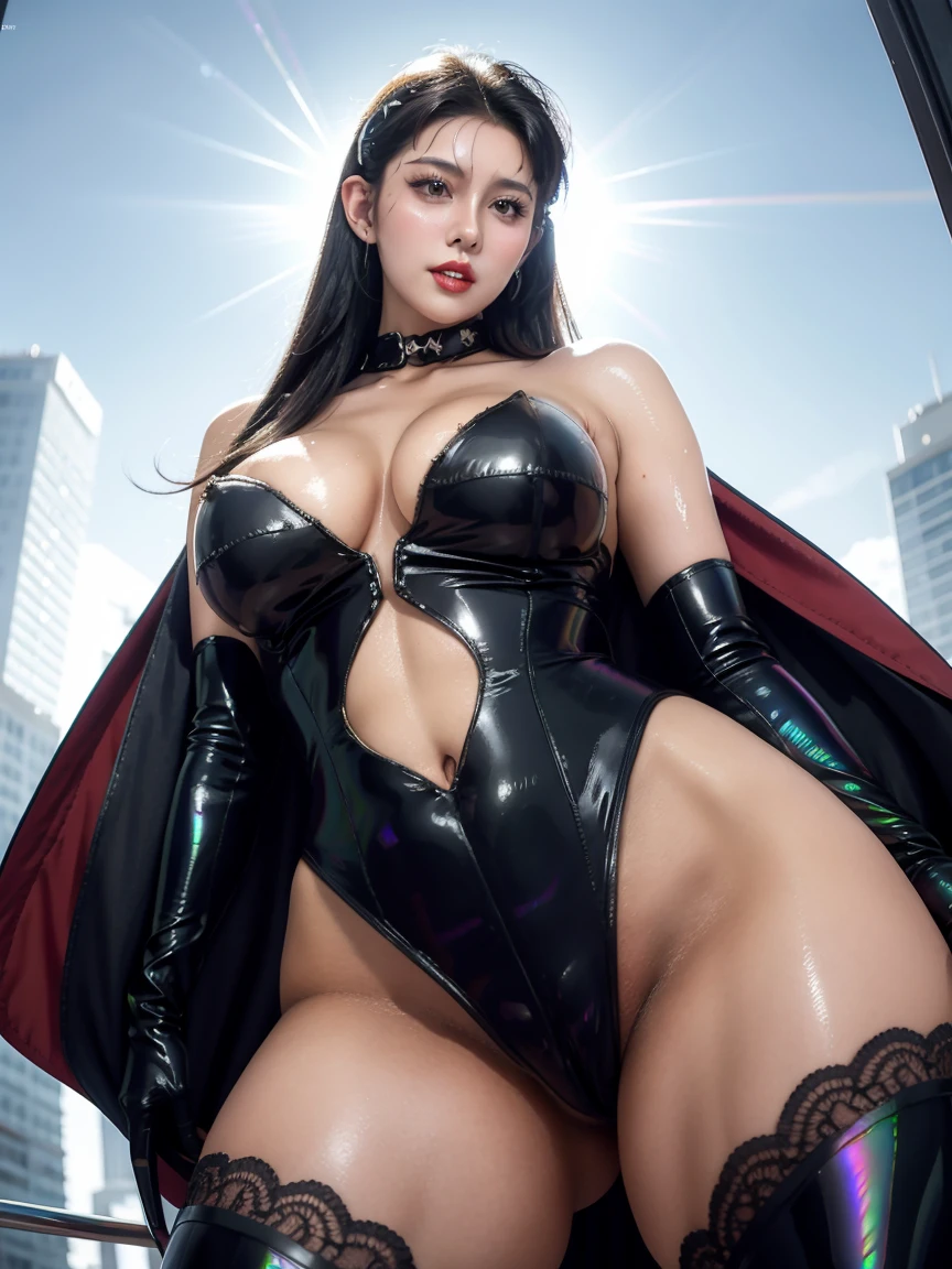 vampire (((heroine posing)) in a city), (realistic), (((retro))anime), ((realistic) skin texture), ((((mature)))), ((iridescent skimpy) bodysuit), lace (accessories), ((majestic)), fisheye-view, ((action pose)), (((elegant))), (((serious tone))), intricate texture details, close-up, 1990s (style), masterpiece, , best quality, ((thick thighs)), ((wide hips)), cape, heroine gloves, sparkles, (dramatic lighting), sweat, from below, [blushing], [[pointy ears]], (long hair), sky, cityscape