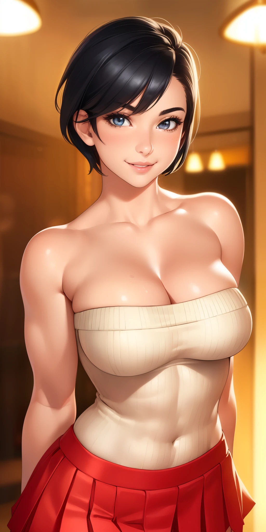 (best quality, ultra-detailed, photorealistic: 1.39), bright and vibrant colors, studio lighting, romantic expression, love smile, Beautiful red strapless sweater with pleated skirt, light fabric, undercut platinum bobcut black hair, medium breasts, fit, muscular, short hair, mercenary, front pose, cleavage