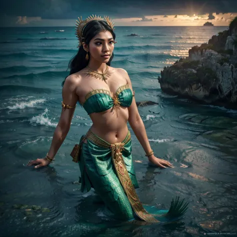 a thai female mermaid, black hair, upper body is human, lower body is green fish tail, swimming in the sea, wearing thai ancient...