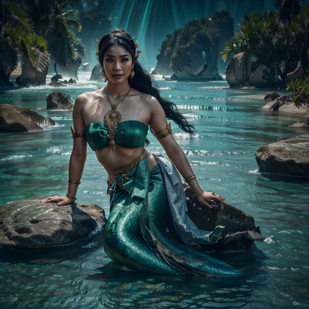 a Thai female mermaid, black hair, upper body is human, lower body is green fish tail, swimming in the sea, wearing thai ancient traditional cloth, half body visible above ocean, no headdress, limestone rock, coral, view from sea floor, beautiful detailed eyes, beautiful detailed lips, long eyelashes, extremely detailed anatomy, hyper realistic, masterpiece, 8k, high quality, volumetric lighting, photorealistic, cinematic lighting, dramatic lighting, vibrant colors, intricate details