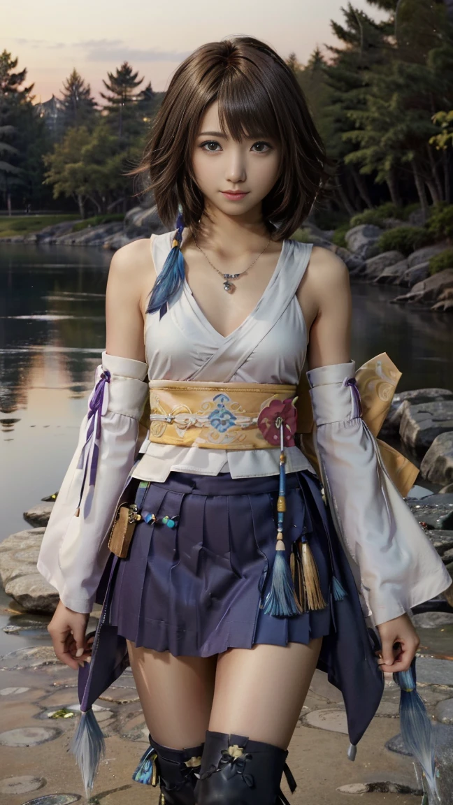 (masterpiece, Highest quality:1.3)
Yuna FF10,  One girl, alone, smile, short hair, blue eyes, skirt, Brown Hair, hair ornaments, jewelry,, Are standing, whole body, boots, Removable sleeves, kimono, Very good, Heterochromia iridis, In the same way, In the same way skirt, blue In the same way, purple In the same way, Yuna (ff10),Backwards、Night view、lake、forest