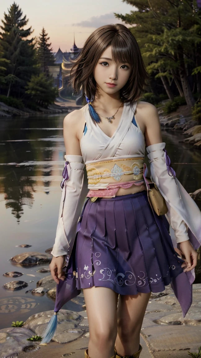 (masterpiece, Highest quality:1.3)
Yuna FF10,  One girl, alone, smile, short hair, blue eyes, skirt, Brown Hair, hair ornaments, jewelry,, Are standing, whole body, boots, Removable sleeves, kimono, Very good, Heterochromia iridis, In the same way, In the same way skirt, blue In the same way, purple In the same way, Yuna (ff10),Backwards、Night view、lake、forest