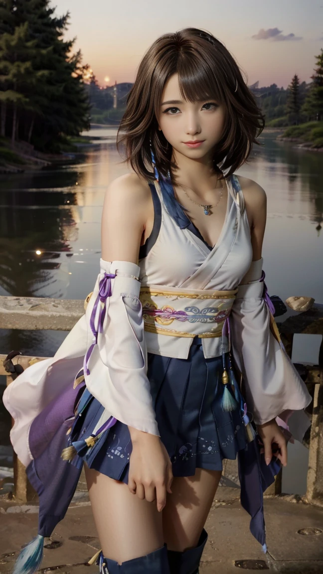 (masterpiece, Highest quality:1.3)
Yuna FF10,  One girl, alone, smile, short hair, blue eyes, skirt, Brown Hair, hair ornaments, jewelry,, Are standing, whole body, boots, Removable sleeves, kimono, Very good, Heterochromia iridis, In the same way, In the same way skirt, blue In the same way, purple In the same way, Yuna (ff10),Backwards、Night view、lake、forest