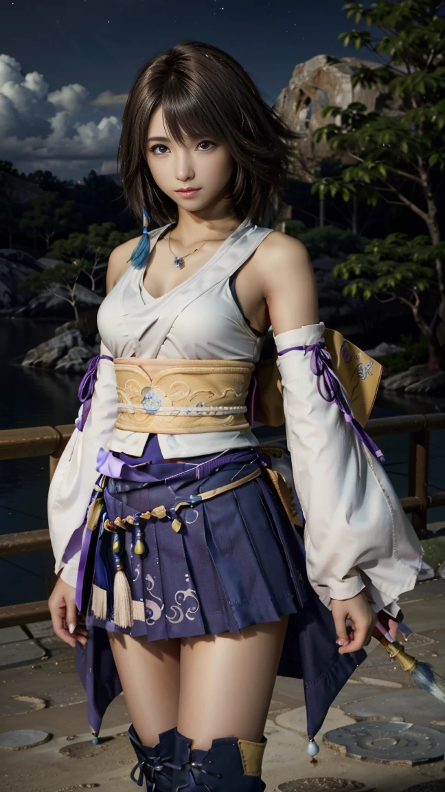 (masterpiece, Highest quality:1.3)
Yuna FF10,  One girl, alone, smile, short hair, blue eyes, skirt, Brown Hair, hair ornaments, jewelry,, Are standing, whole body, boots, Removable sleeves, kimono, Very good, Heterochromia iridis, In the same way, In the same way skirt, blue In the same way, purple In the same way, Yuna (ff10),Backwards、Night view、lake、forest