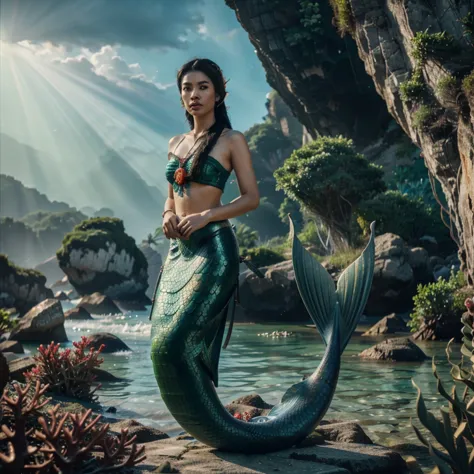 a Thai female mermaid, black hair, upper body is human, lower body is green fish tail only, swimming in the sea, wearing thai an...