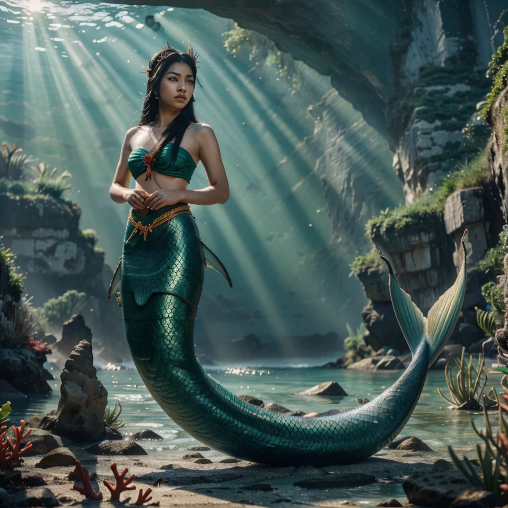 a Thai female mermaid, black hair, upper body is human, lower body is green fish tail only, swimming in the sea, wearing thai ancient traditional cloth on upper body only, half body visible above ocean, no headdress, limestone rock, coral, view from sea floor, beautiful detailed eyes, beautiful detailed lips, long eyelashes, extremely detailed anatomy, hyper realistic, masterpiece, 8k, high quality, volumetric lighting, photorealistic, cinematic lighting, dramatic lighting, vibrant colors, intricate details