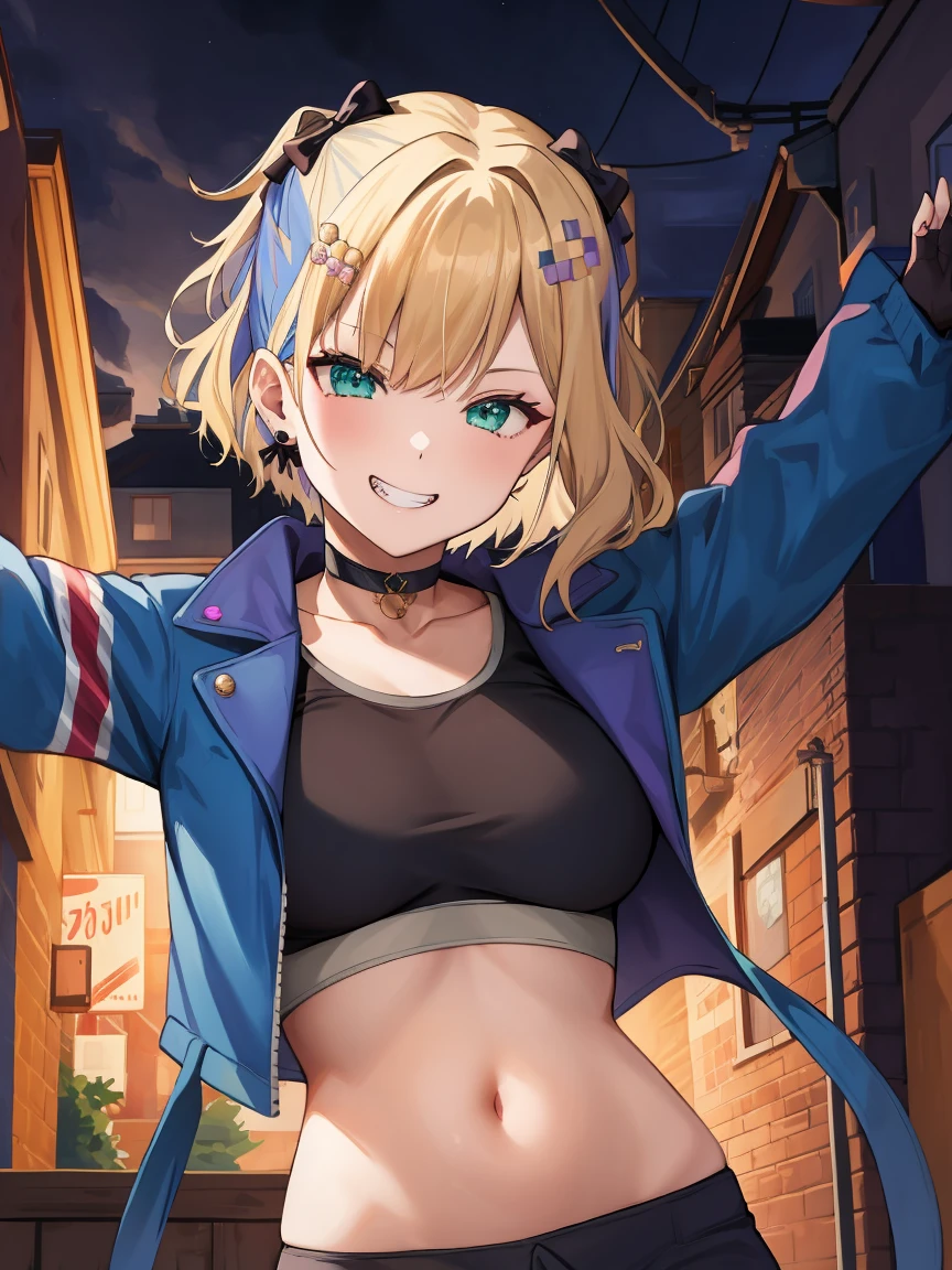 Portrait, official art, best masterpiece, best quality, best resolution, 8K, best detailed, perfect anatomy
break
stretching, arms up
break
kurumi noah, hairclip, hair ornament, bow, jewelry, medium breasts
break
scar on cheek, black choker, collarbone, blue jacket, cropped jacket, open jacket, sports bra, midriff, fingerless gloves, black gloves, black pants
break
(lewd smile), grin
break
Back alley, downtown, (night, midnight, darkness:1.4), very fine and detailed 16KCG wallpapersrs