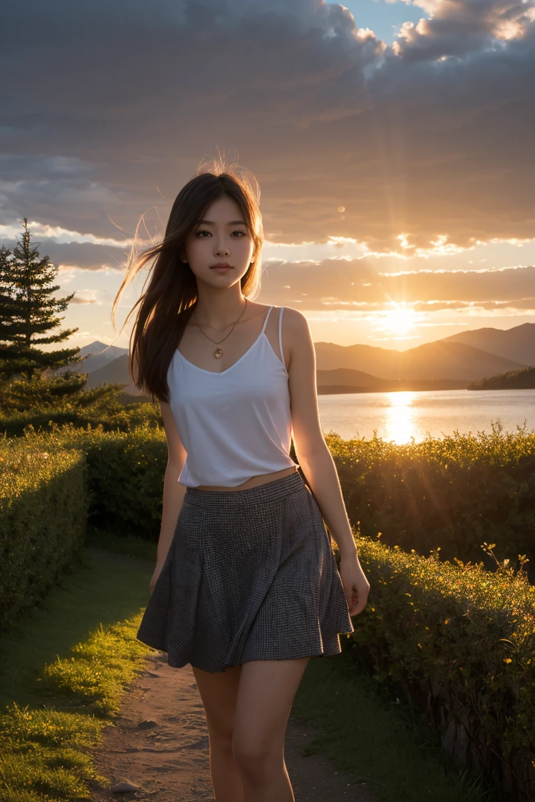 1 girl, happy expression, charming eyes, straight long hair, flowing skirt, big, looking at the sun, calm posture, porcelain-like skin, subtle blush, crystal pendant BREAK Golden Hour, (edge lighting): 1.2, cool colors, sun flare, soft shadows, bright colors, painting effects, fantastic atmosphere BREAK Scenic lakes, distant mountains, pine trees, mountain tops, reflections, sunlit clouds, tranquil atmosphere, idyllic sunrise, Ultra detailed, official art, unified 8k wallpapers, zentangle, mandala