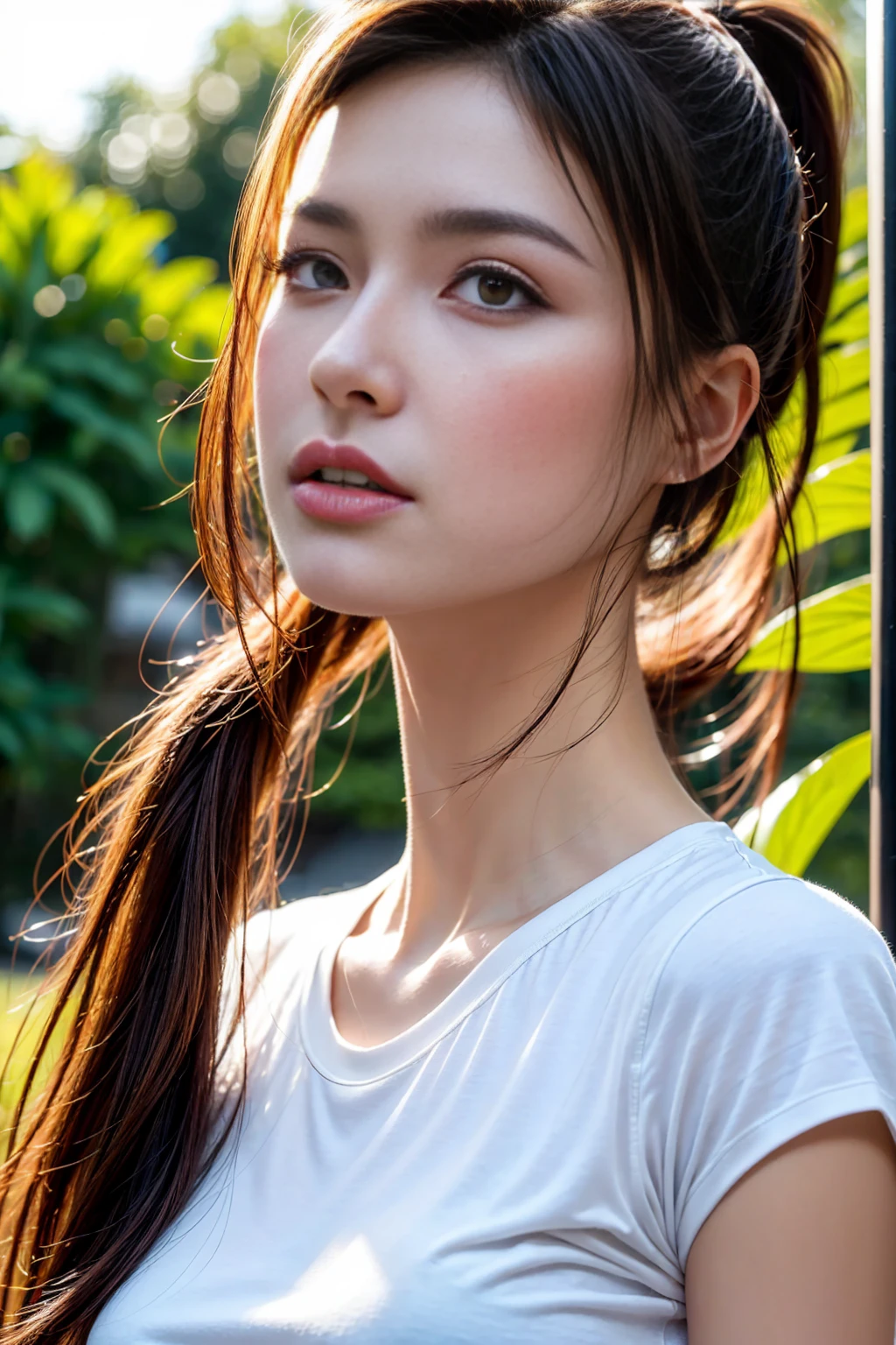 (masterpiece, best quality), a woman in a sexy t-shirt, looking from the side, with a ponytail, detailed face, beautiful eyes, long eyelashes, delicate nose, full lips, detailed clothing, photorealistic, highly detailed, cinematic lighting, warm color tones, natural skin tones, dynamic pose, outdoor environment, lush vegetation, sun rays, realistic textures