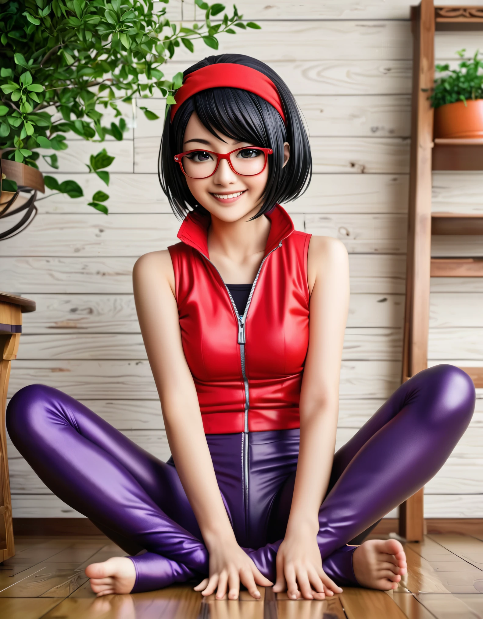 Anime-style illustration featuring a young character Sarada Uchiha with short black hair and fair skin. She is wearing a red sleeveless zip-up top, purple leg warmers, and a red headband with a metallic plate displaying a symbol. The character is sitting on the wooden floor, with her legs extended forward, prominently displaying her beautiful bare feet in the foreground. His facial expression is cheerful, with a slight smile and red-rimmed glasses. The background includes a wooden structure, green bushes and a beige wall. There are placed on the floor near her feet.anime, anatomically correct, super detailed, high quality, 4K