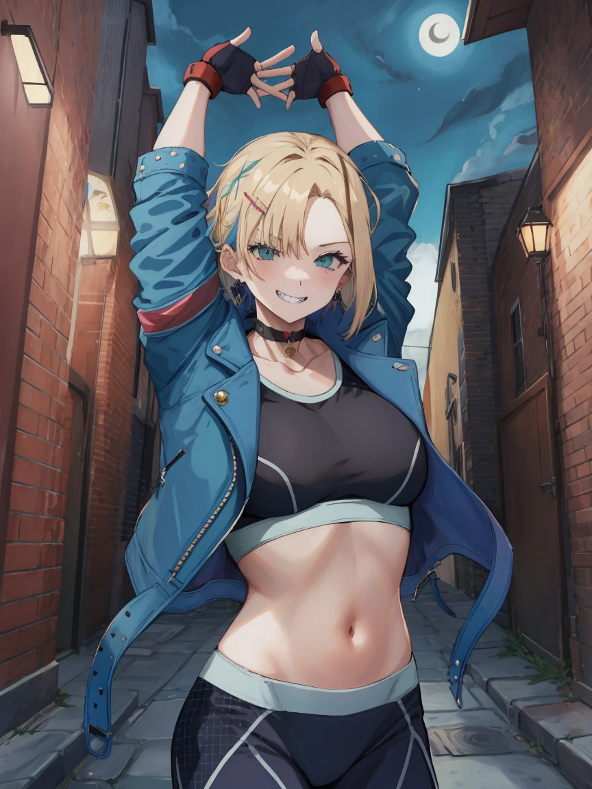 Portrait, official art, best masterpiece, best quality, best resolution, 8K, best detailed, perfect anatomy
break
cammy stretch \(meme\), stretching, arms up
break
1girl, solo, kurumi noah, hairclip, hair ornament, bow, jewelry, medium breasts, cute
break
cammy white, scar on cheek, black choker, collarbone, blue jacket, cropped jacket, open jacket, sports bra, midriff, fingerless gloves, black gloves, black pants
break
(lewd smile), grin
break
Back alley, downtown, (night, midnight, darkness:1.4), very fine and detailed 16KCG wallpapersrs