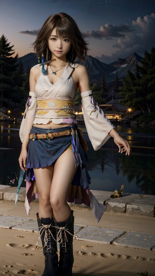 (masterpiece, Highest quality:1.3)
Yuna FF10,  One girl, alone, smile, short hair, blue eyes, skirt, Brown Hair, hair ornaments, jewelry,, Are standing, whole body, boots, Removable sleeves, kimono, Very good, Heterochromia iridis, In the same way, In the same way skirt, blue In the same way, purple In the same way, Yuna (ff10),Backwards、Night view、lake、forest