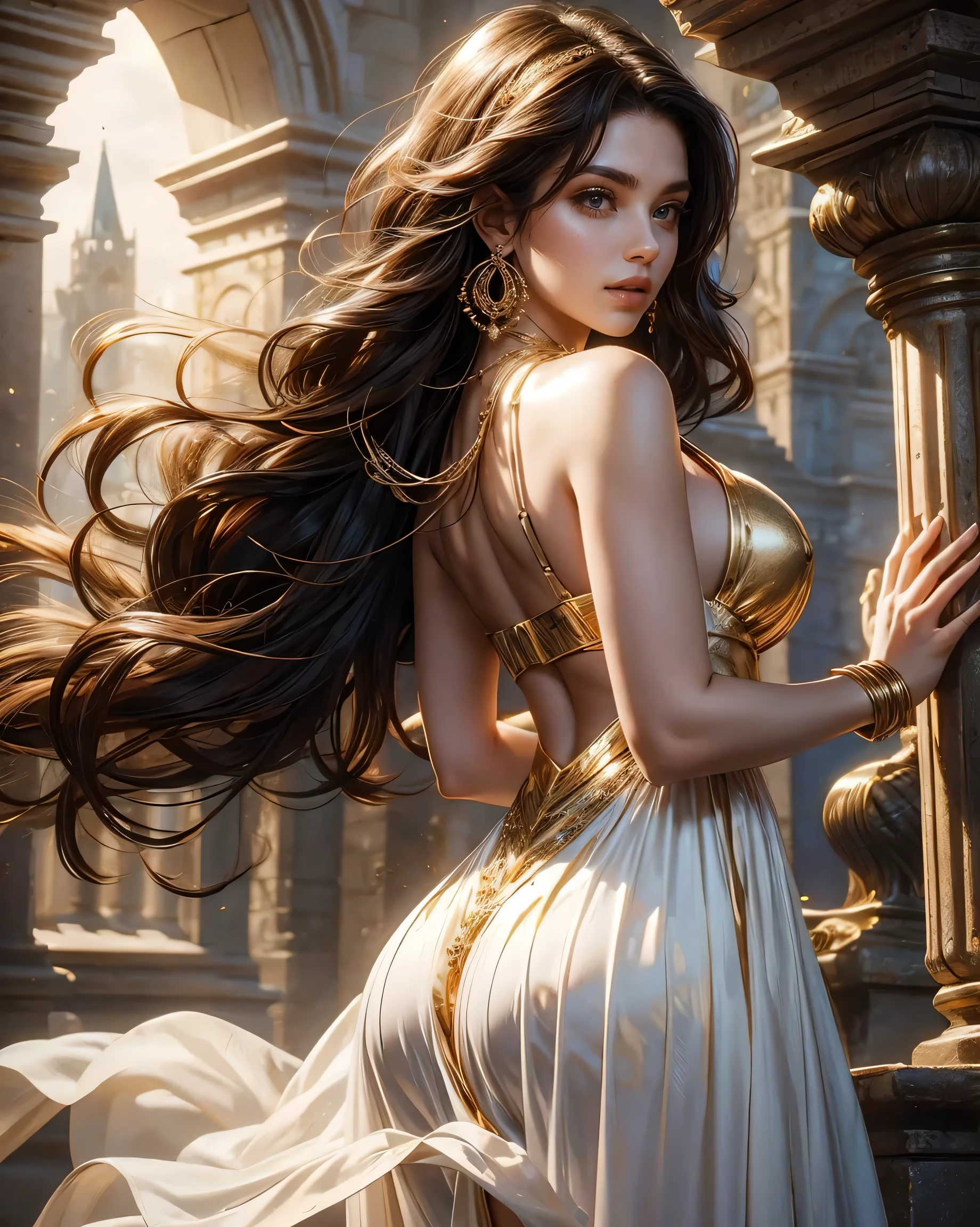 Beautiful brunette woman, 25 years old, stunning body, expressive and clear face, crystal clear eyes, full mouth, long dark curly hair, cheerful, white dress with gold details with straps, large breasts, gold jewelry earrings and necklace, nature background, medieval castle, light in the background, light hitting the hair from behind,(((perfect hands))), breathtaking image, 8k, HDR.