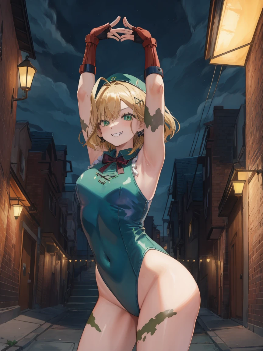 Portrait, official art, best masterpiece, best quality, best resolution, 8K, best detailed, perfect anatomy
break
cammy stretch \(meme\), stretching, arms up
break
1girl, solo, kurumi noah, hairclip, hair ornament, bow, jewelry, medium breasts, cute, Green Eyes
break
blonde hair, antenna hair, beret, (red headwear:1.3), scar on cheek, green leotard, sleeveless, red gloves, fingerless gloves, camouflage
break
(lewd smile), grin
break
Back alley, downtown, (night, midnight, darkness:1.4), very fine and detailed 16KCG wallpapersrs