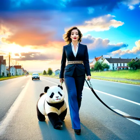 23yrs beautiful woman, pulling large toy panda, leash, empty road, town background, blue sky, large clouds, sunset