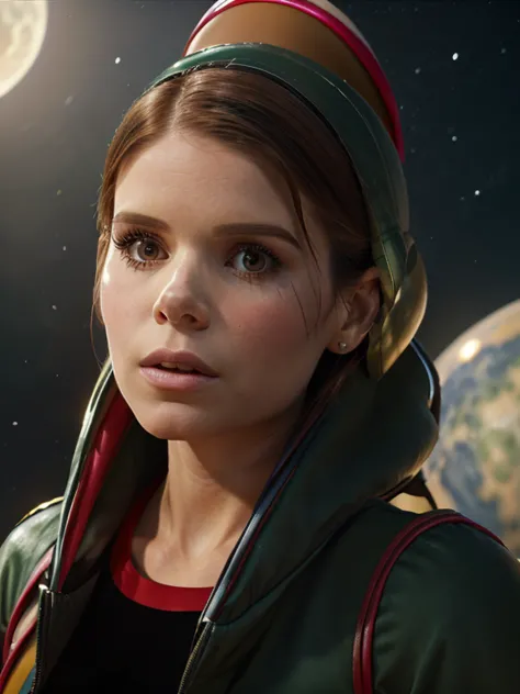 a beautiful woman with long black hair,kate mara,sexy cosplay as marvin the martian,checking the instruments in her high tech mo...