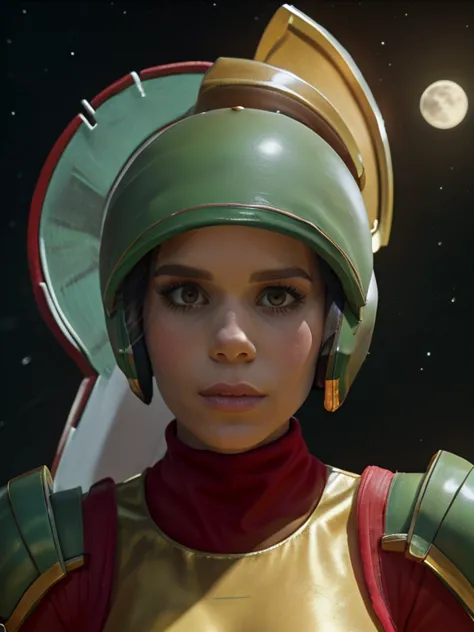 a beautiful woman with long black hair,kate mara,sexy cosplay as marvin the martian,checking the instruments in her high tech mo...