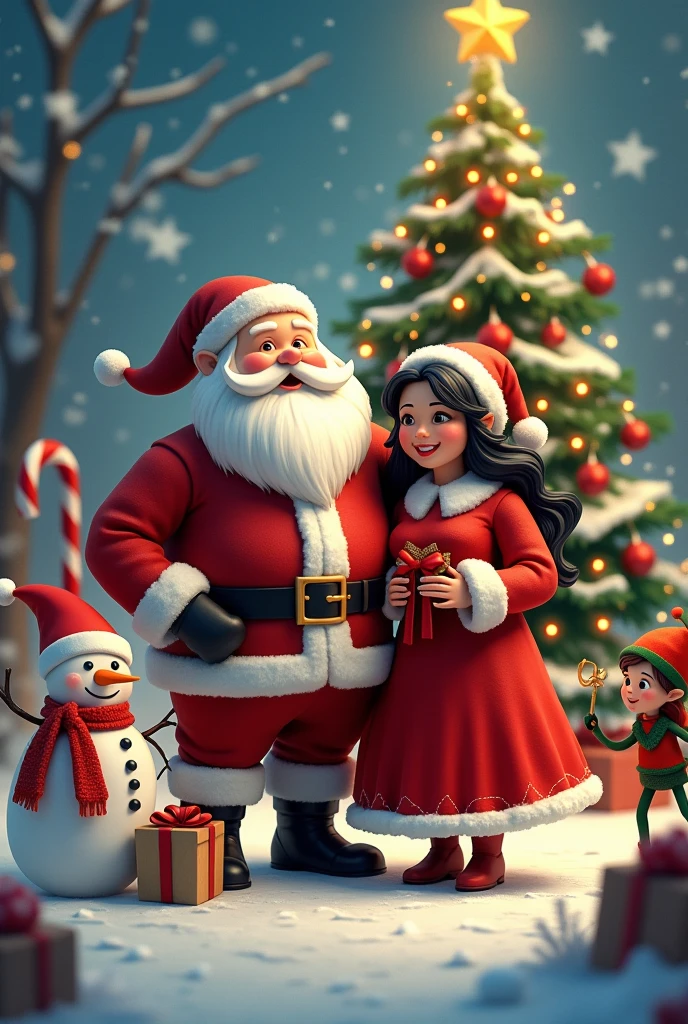 Santa Claus with his chubby wife.black long hair, Snowman,candy cane ,Elf,Christmas tree