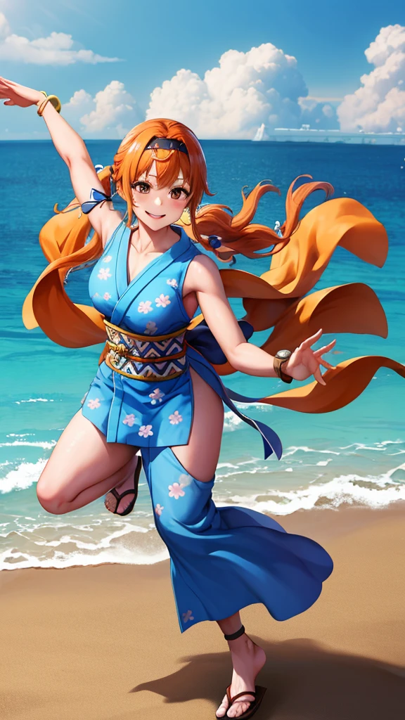 full body:1.3masterpiece, best quality, high resolution, us (piece), Long hair, Orange Hair, Low Ponytail, Headband, Blue Ribbon, Brown eyes, clavicle, cleveage, Short Kimono, Blue Kimono, sleeveless, karate,  bracelet, sash, Heart, permanent, Cowboy shooting, Challenging poses, 海滩Heart情, beautiful beach, Smile,