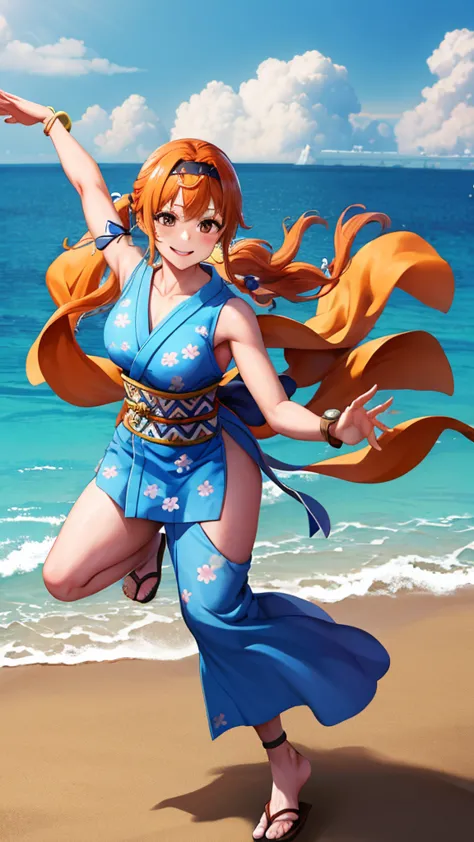 full body:1.3masterpiece, best quality, high resolution, us (piece), long hair, orange hair, low ponytail, headband, blue ribbon...