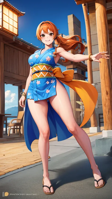 full body:1.3masterpiece, best quality, high resolution, us (piece), long hair, orange hair, low ponytail, headband, blue ribbon...