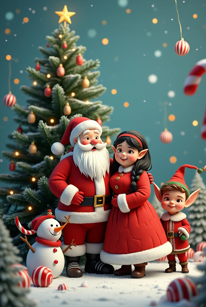 Santa Claus with his chubby wife.black long hair, Snowman,candy cane ,Elf,Christmas tree