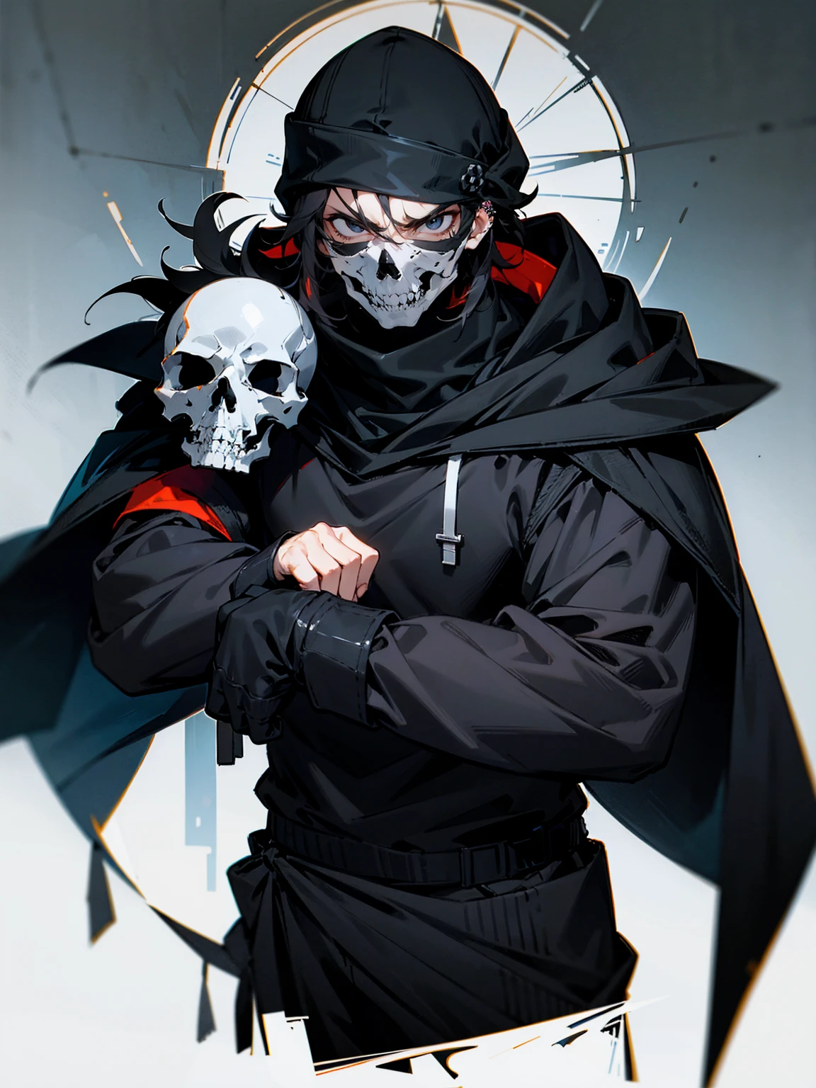 1male, adult, messy hair, black hair, beanie, hood over head, black eyes, skull mask, eye piercing, lazy expression, serious expression, cape,  black military outfit, black sweatpants, muscular build