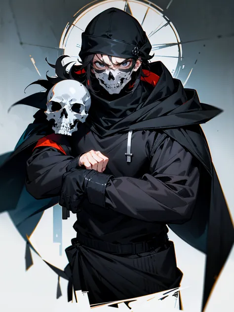 1male, adult, messy hair, black hair, beanie, hood over head, black eyes, skull mask, eye piercing, lazy expression, serious exp...