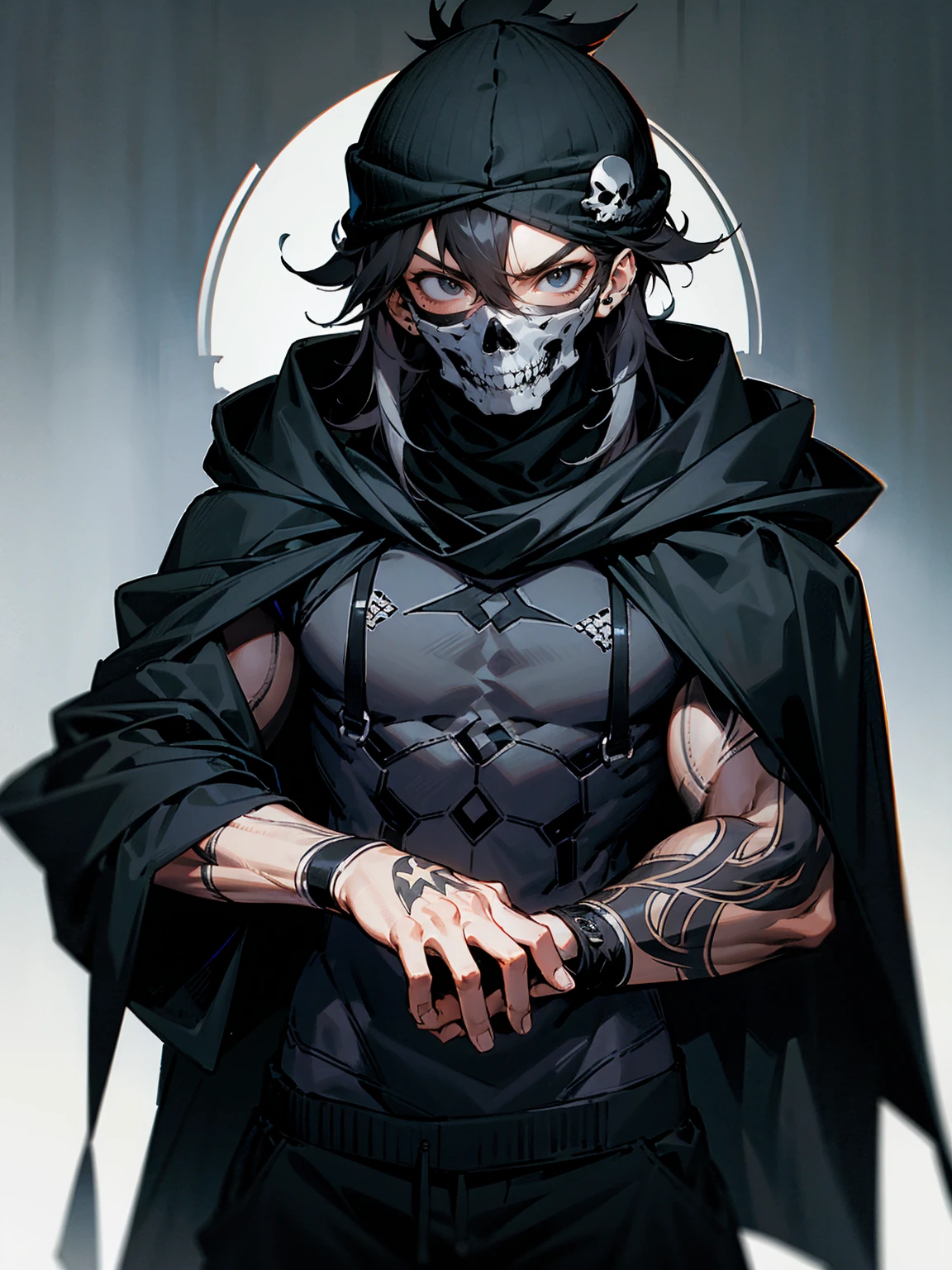 1male, adult, messy hair, black hair, beanie, hood over head, black eyes, skull mask, eye piercing, lazy expression, serious expression, cape,  black military outfit, black sweatpants, muscular build