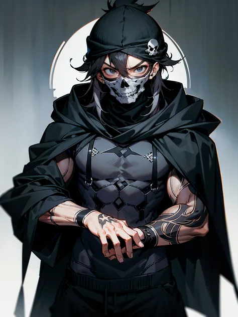 1male, adult, messy hair, black hair, beanie, hood over head, black eyes, skull mask, eye piercing, lazy expression, serious exp...