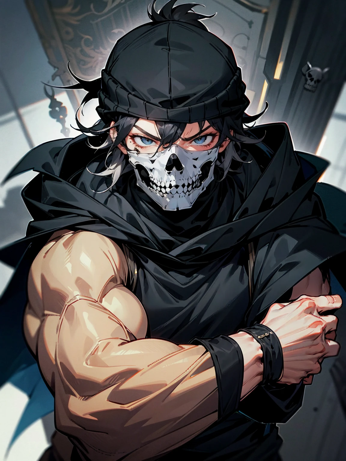 1male, adult, messy hair, black hair, beanie, hood over head, black eyes, skull mask, eye piercing, lazy expression, serious expression, cape,  black military outfit, black sweatpants, muscular build