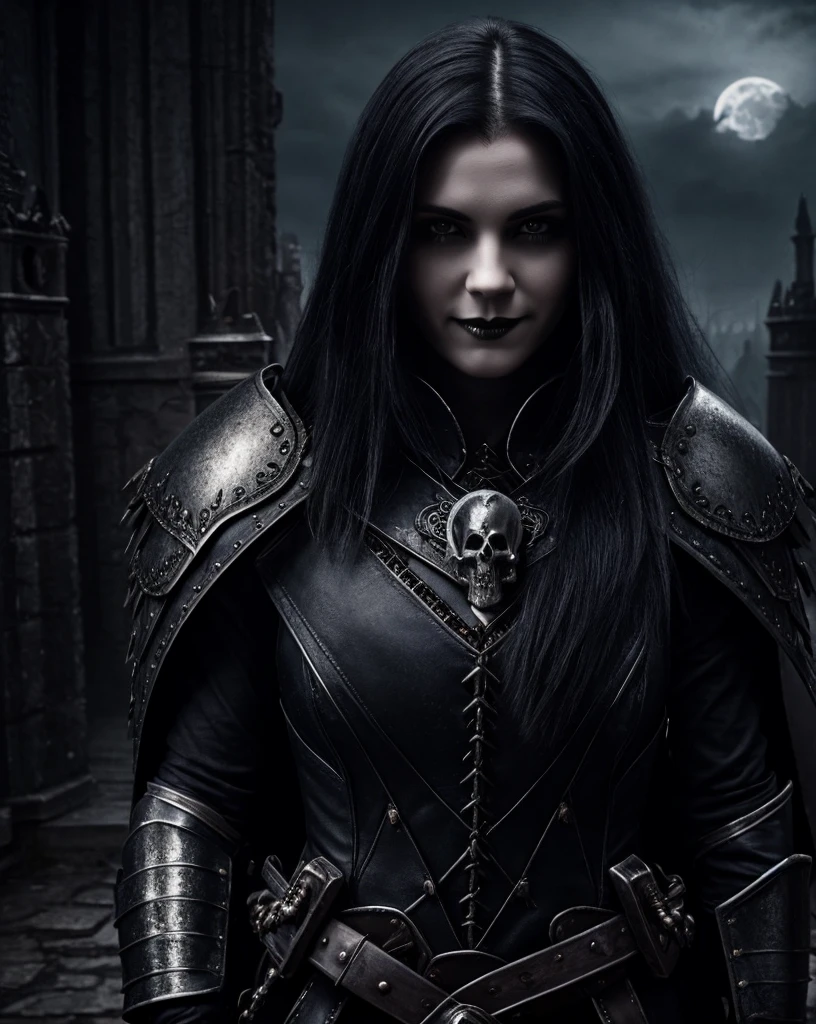 Gothic, vampires, fur armor, castle, black hair, young face, smile, female character, high detail of objects, gloomy environment, horror style,Heavy steel armor with a skull on the chest, with black inserts on the arms