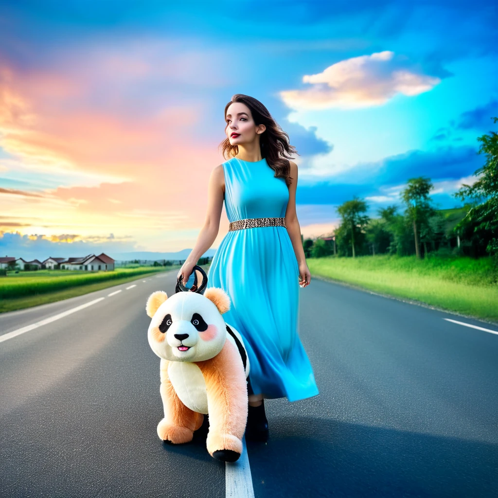 23yrs beautiful woman, pastel sleeveless dress, pulling large toy panda at end of leash, empty road, town background, blue sky, large clouds, sunset, warm dark mute tones, 