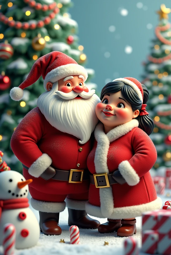 Santa Claus with his chubby wife.black long hair, Snowman,candy cane,Christmas tree