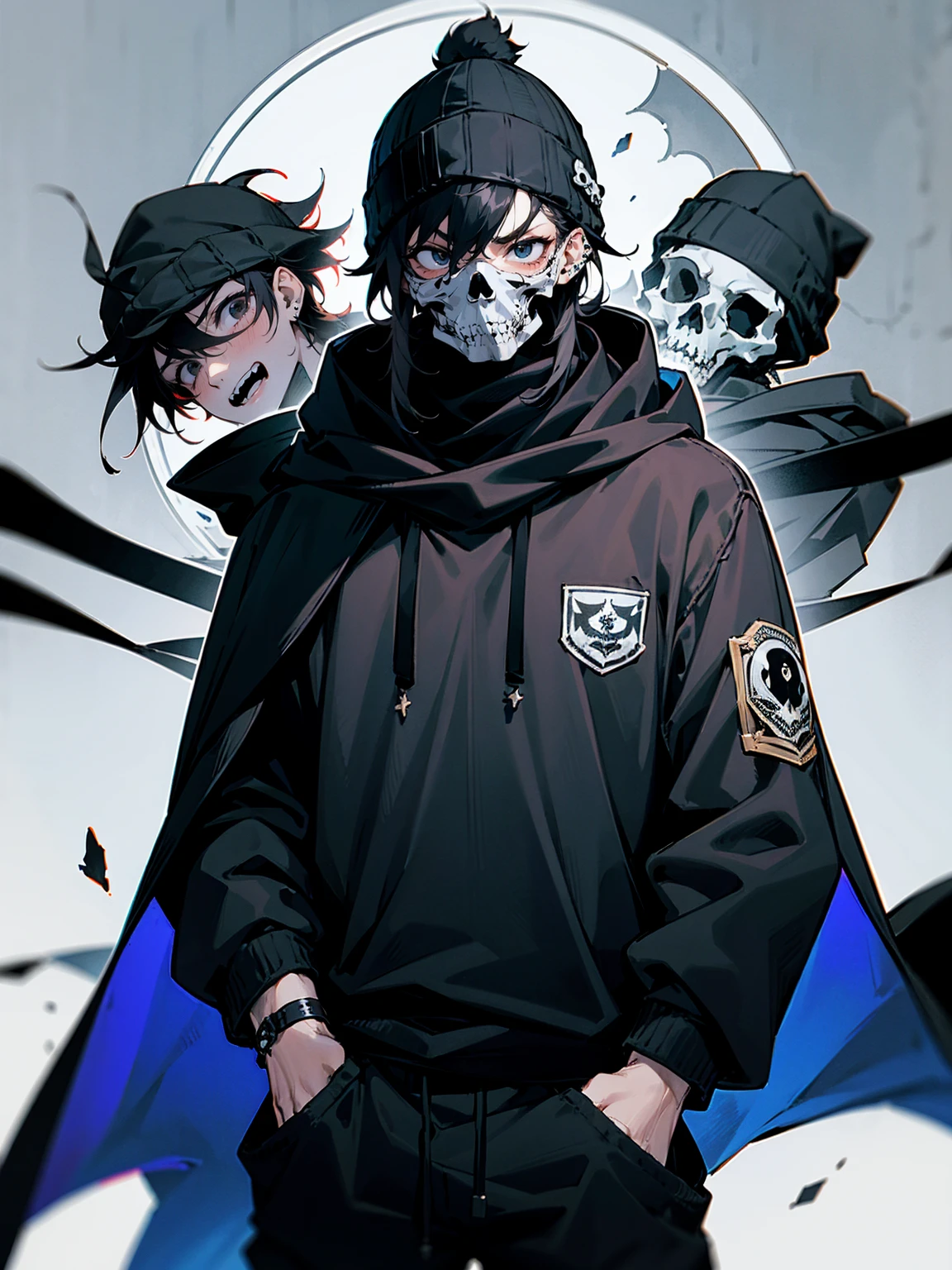 1male, adult, messy hair, black hair, beanie, hood over head, black eyes, skull mask, eye piercing, lazy expression, serious expression, cape,  black military outfit, black sweatpants, muscular build, hands in pocket