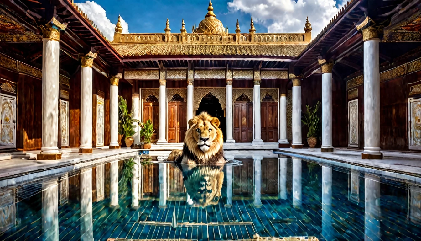 digital image hdr, 8k, starry sky, a large lion in white ivory... next to the pool. a pool inside the temple, full view of the pool, clear clear waters WITHOUT REFLECTIONS,. the most beautiful image in the world, LARGE, mystical and COVERED temple, white ivory columns with gold, large and high DEFINITION Persian style wooden door,