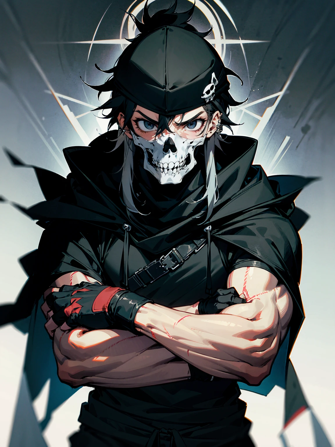 1male, adult, messy hair, black hair, beanie, hood over head, black eyes, skull mask, eye piercing, lazy expression, serious expression, cape,  black military outfit, black sweatpants, muscular build, arms folded