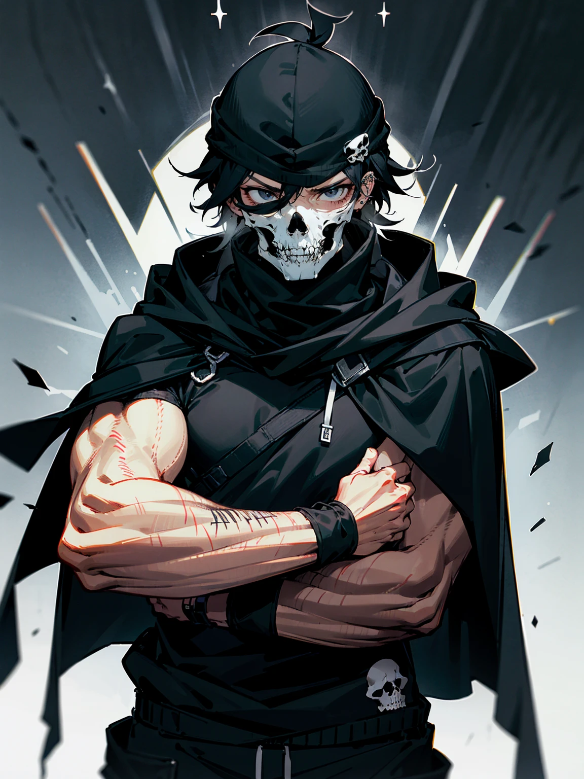 1male, adult, messy hair, black hair, beanie, hood over head, black eyes, skull mask, eye piercing, lazy expression, serious expression, cape,  black military outfit, black sweatpants, muscular build, arms folded